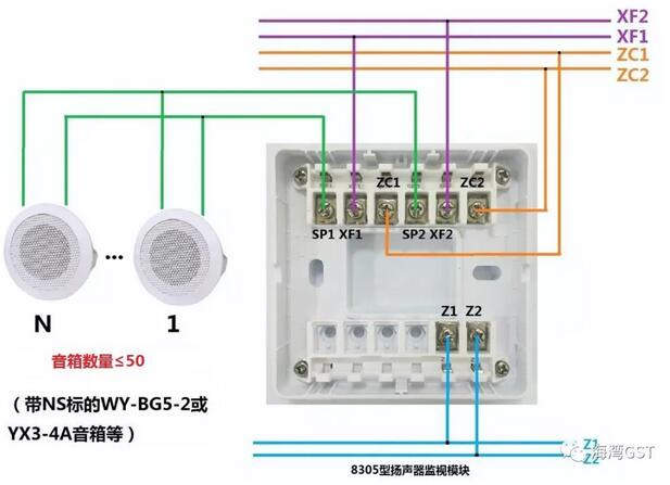 8305揚聲器監視模塊(兩線制廣播模塊,可檢測揚聲器丟失)接線方法: